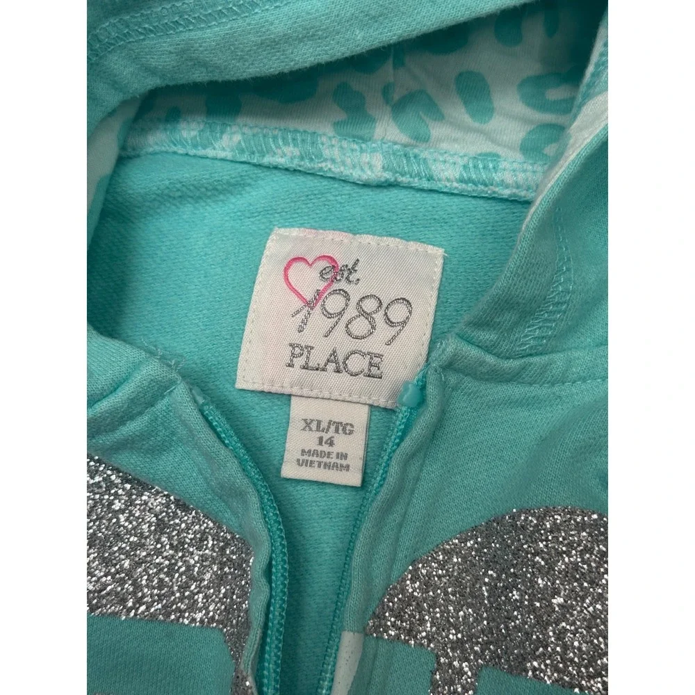 *The‎ Childrens Place Girls XL 14 Aqua Teal Silver Glitter Heart Zip Up Hoodie